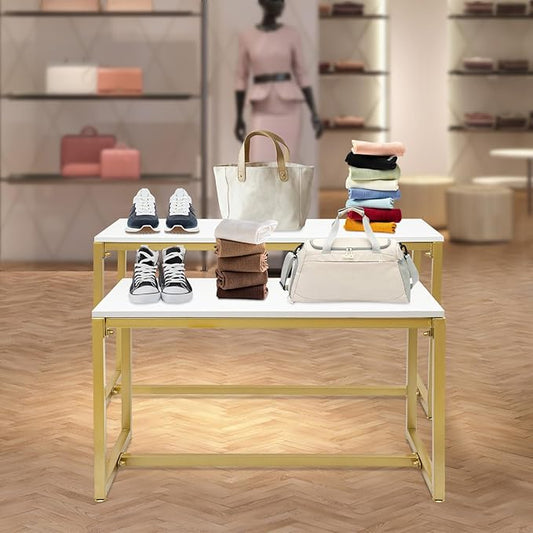 2-Piece Set Gold Modern Nesting Tables, Metal Shoe Handbag Retail Display Racks, Metal Display Riser Shelf for Shoes, Handbags, Home, Clothing Shops, Retail Stores