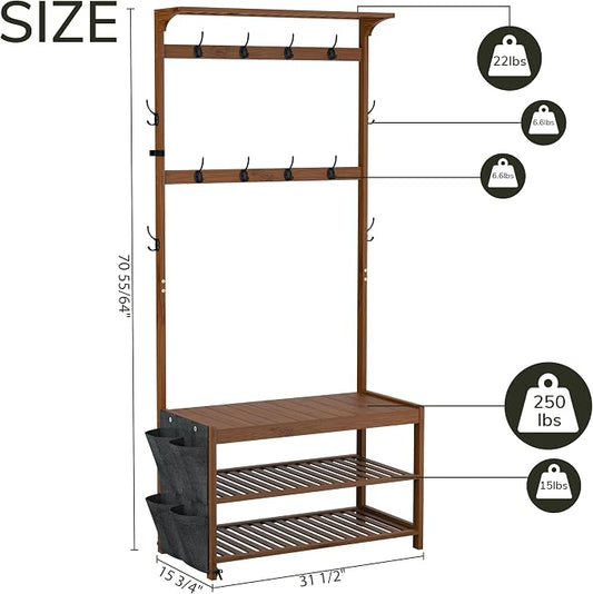 AMBIRD Hall Tree with bench and shoe storage, Entryway Bench with shoe storage, 6-in-1 Coat Rack with Cloth Bag and 12 Coat Hooks, Sturdy Bamboo Frame, Brown 31 * 15 * 70 Inches