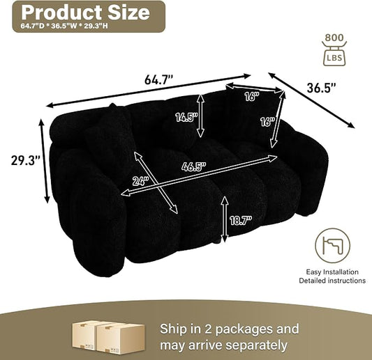 Wrofly Boucle Sofa Couch, 64.7" Modern Tufted Upholstered 2 Seater Loveseat Sofa with 3 Pillows, Comfy Deep Seat Cloud Couch, Small Love Seat for Living Room Apartment, Black