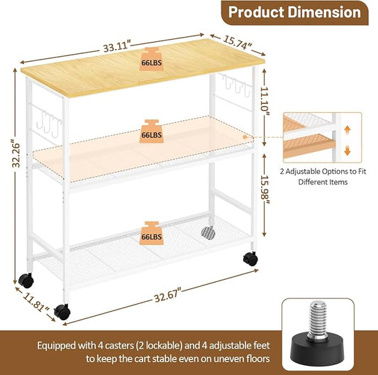 3 Tier Rolling Kitchen Microwave Cart, 33 Inch Microwave Table Stand with Adjustable Shelf, Kitchen Storage Island Utility Cart on Wheels, Bakers Rack Coffee Bar for Living Room, Office, White