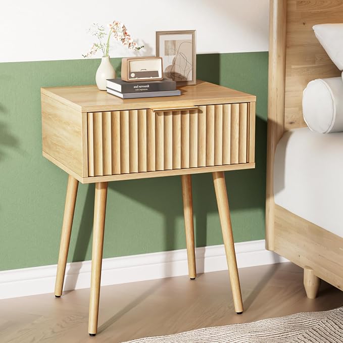 VINGLI Fluted Nightstand with Drawer, 19" W Mid Century Modern Nightstand for Bedroom, Bedside Table, End Tables Bedroom, Wood Night Stand, Oak, 18.9" W*14.96" D*24" H