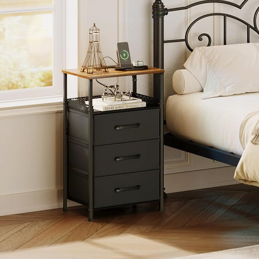JARHETUN Nightstand Set of 2, Night Stands with Charging Station, 26.4 Inch Tall Bedside Table with Metal Shelf, Modern Side End Table with 3 Fabirc Drawers, Small Dresser for Bedroom, Rustic Brown