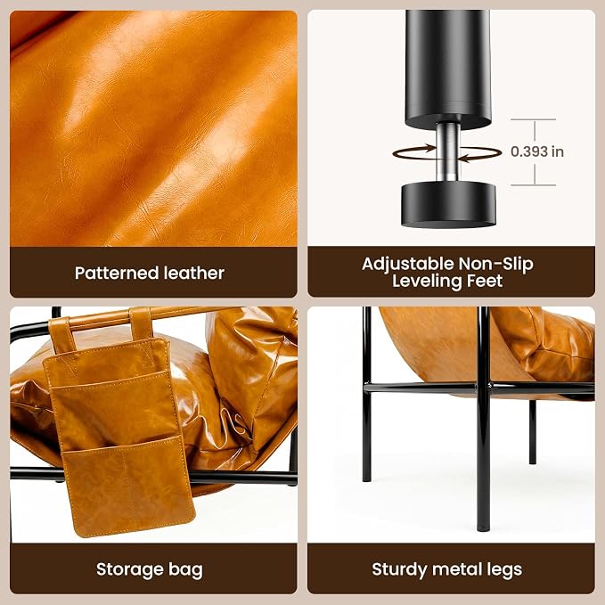 Modern Bright Orange Oversized Faux Leather Chair, Recliner Armchair, Comfy Accent Chair with Sturdy Metal Frame, Armrest bag, Indoor Outdoor couch sofa Chair for Living Room Bedroom Patio lounge
