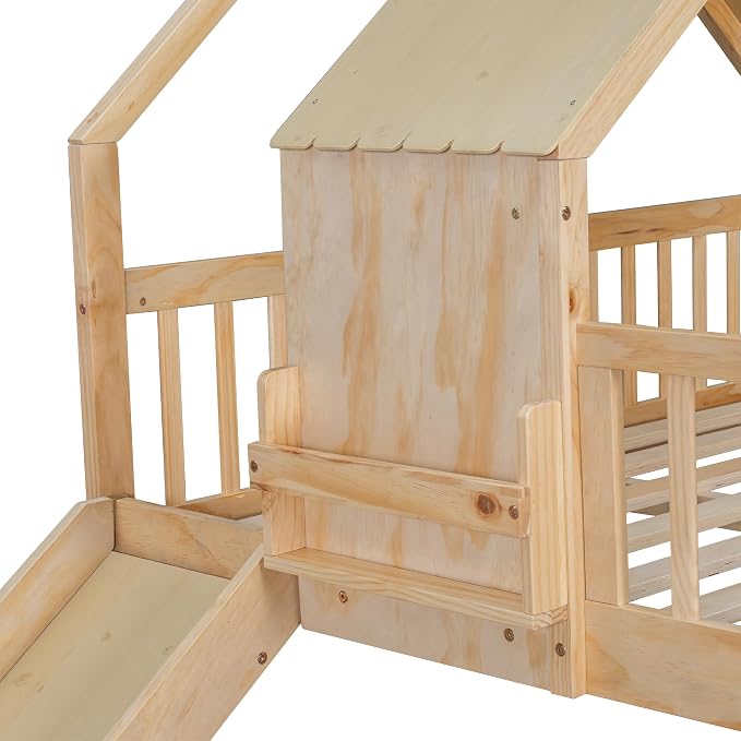 SOFTSEA House Bunk Bed with Slide, Full XL Over Queen Wood Floor Bunk Bed Frame with Roof, Guardrails and Ladder, Space-Saving, Natural