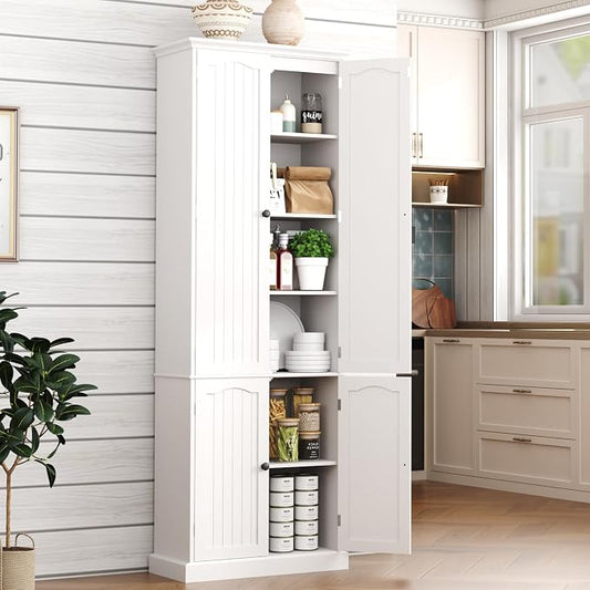Function Home 72" Kitchen Pantry Cabinet, Tall Wood Storage Cabinet with Doors and Adjustable Shelves, 6-Tier Freestanding Cupboard for Kitchen Dining Room Living Room Bathroom, White