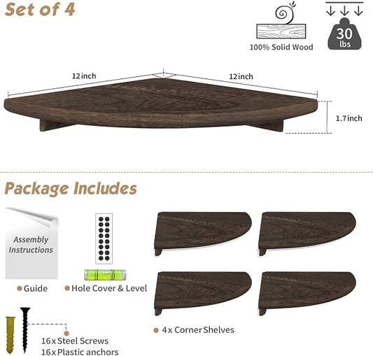 Forbena Large Corner Floating Shelves for Wall Set of 4, 12 Inch Deep Wall Mounted Corner Shelves for Bedroom, Livining Room, Farmhouse Hanging Bookshelf Bookshelves (Rustic Brown)