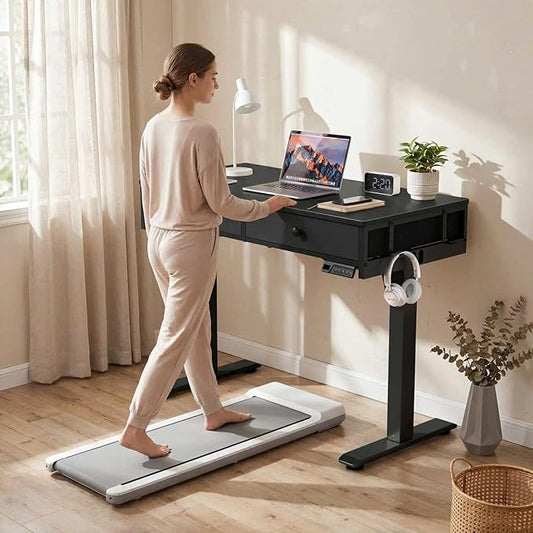 KLUVIS Black Adjustable Desk with Storage, 39 Inch Small Black Desk with Drawers, Small Space Stand Up Computer Desks for Home Office Bedroom, Sit Stand Work Desks for Walking Pad
