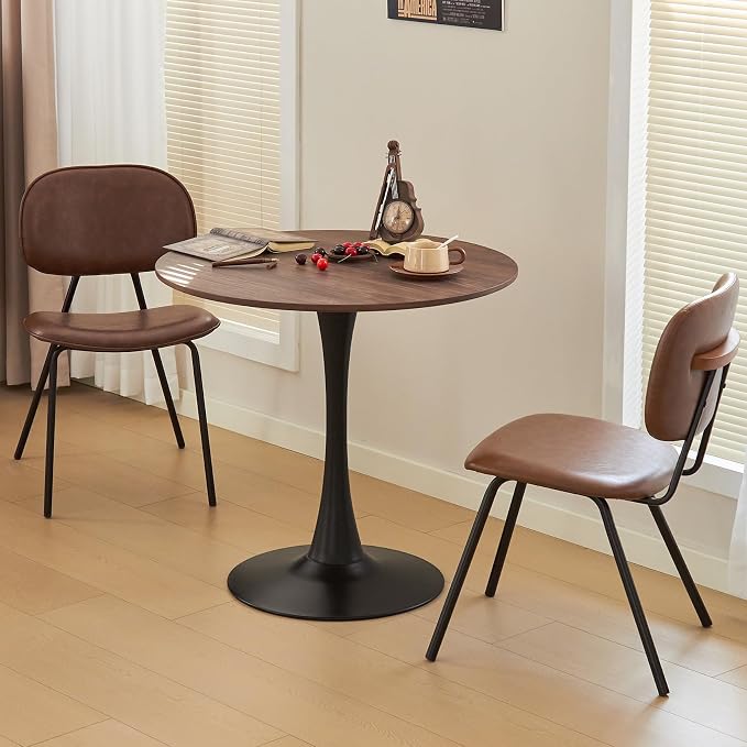 Round Dining Table, 31.5" Circle Tulip Table with Thickened Tabletop & Metal Pedestal, Mid Century Modern Bistro Table for Kitchen, Small Places, Living Room, Cafe (Faux Walnut)