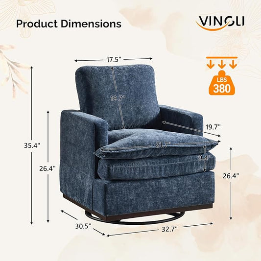 VINGLI 360° Swivel Mid-Century Modern Accent Armchair with Double-Layer Seat Cushions, Comfy Single Square Sofa, Upholstered Club Chair for Living Room,Bedroom, Reading Room, Chenille Blue