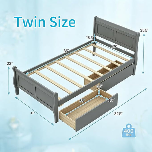 Giantex Twin Bed with 2 Storage Drawers, Wood Platform Bed with Headboard & Footboard, Wooden Slats Support Mattress Foundation, Twin Bed Frames for Kids Teens Adults, No Box Spring Needed (Grey)