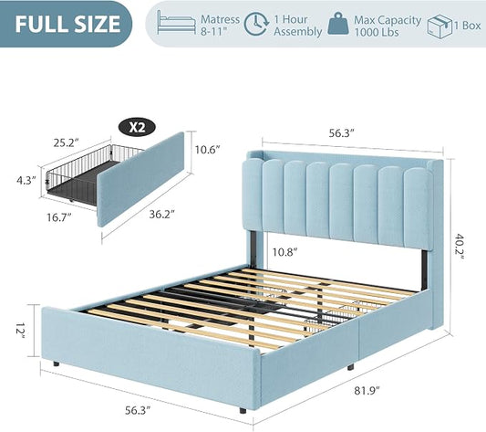 Garvee LED Full Size Bed Frame with Storage Headboard, Kids Bed Frame with 2 Drawers, Boucle Upholstered Platform Bed for Girls, Chic Wavy Headboard with Bookcase, No Box Spring Needed, Blue