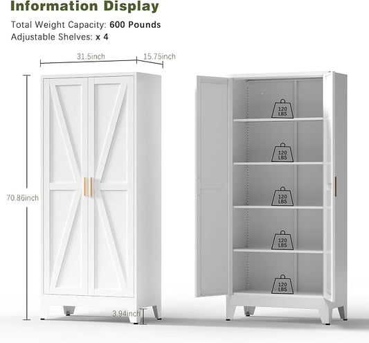 COFaR 5 Tier Metal Farmhouse Storage Cabinet with 2 Barn Door, 4 Adjustable Shelves and Legs, for Kitchen, Dining Room, Bathroom, Living Room, Office