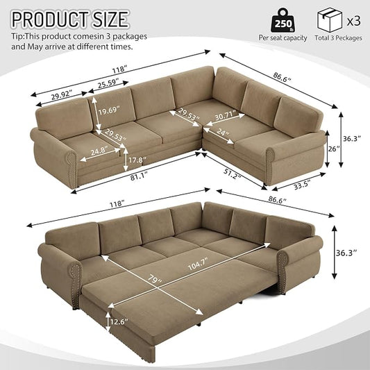 118" L-Shaped Sleeper Couch Bed - Oversize Convertible with Pull-Out Sofa Bed, Button Tufted Chesterfield Sofa, Chenille Sectional Vintage Couches for Living Room/Apartment(6-Seater, Camel) | Oversize Convertible