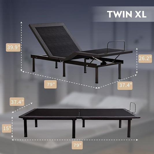 Dyonery Twin XL Adjustable Bed Base Frame with Wireless Remote + 12 Inch Twin XL Gel Memory Foam Mattress Bed in a Box, Head and Foot Incline, Zero Gravity, Fiberglass Free, 80" × 38"