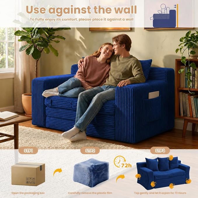 Boneless Loveseat Sofa Bed, Tri-Folding Convertible Futon Sleeper with Handle & Side Pockets, 54'' Boneless Couch with Hook and Loop No Assembly for Small Space,Living Room & Bedroom