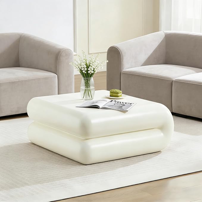 31.5" Modern White Coffee Table, Stone Coffee Table, Square Minimalist Center Table, Contemporary Low Sofa Side Accent End Tea Table for Living Room Bedroom Apartment, No Assembly Required