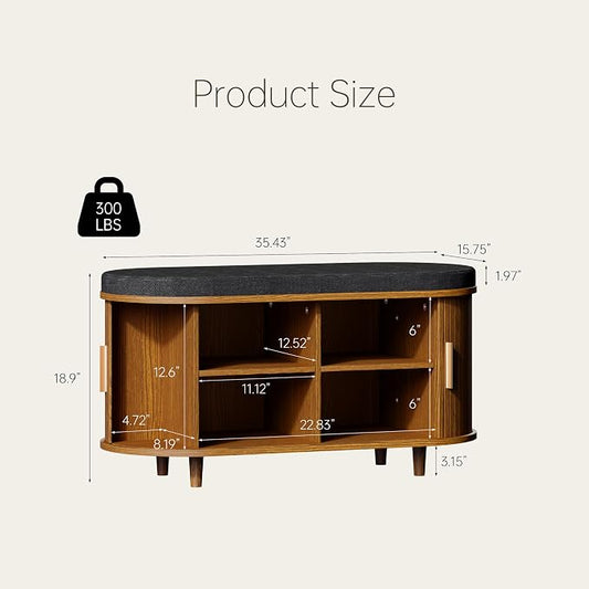 DHH 2-Tier Storage Bench,Wide Shoe Bench with Thickened Padded Seat Cushion, Mid Century Modern Fluted Sliding Door and Adjustable Shelf, for Entryway, Living Room, Bedroom (Yellow Walnut, 35.4“)