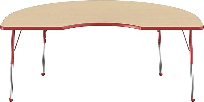 FDP Kidney Activity School and Office Table (48 x 72 inch), Standard Legs with Ball Glides for Collaborative Seating Environments, Adjustable Height 19-30 inches - Maple Top and Red Edge
