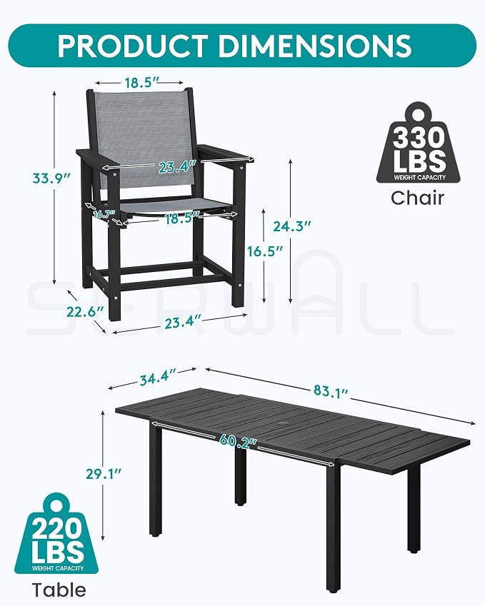 SERWALL HDPE Outdoor Dining Set for 8 with Textilene Chairs, Black | 60" - 83" Aluminum Expandable Patio Dining Table and Breathable Textilene Chairs, All Weather HDPE Patio Furniture Set