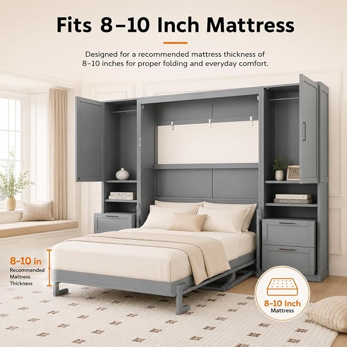 Queen Murphy Bed with Desk, Wall Bed Cabinet with Storage Shelves, Enclosed Cabinets and Hidden Foldout Workstation, Folding Cabinet Bed, Space Saving Bed for Guest Room, Home Office (Gray)