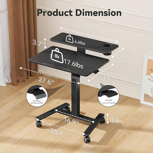 28Inch Rolling Standing Desk On Wheels, Small Computer Workstation Adjustable Height, Mobile Laptop Stand with Tiltable Desktop, 2-Tier Portable Study Table with Storage Shelves, Black