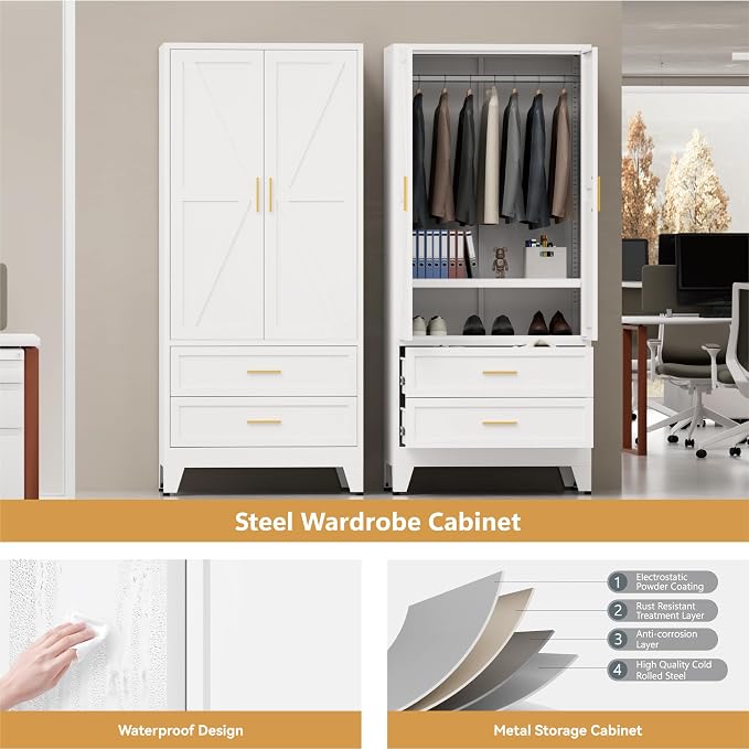 Metal Wardrobe Closet, Armoire Wardrobe with Two Drawers Clothes Cabinet for Bedroom, 71" Tall Farmhouse Steel Armoire Closet with Drawers and 2 Doors Clothing Storage Cabinet with Hanging Rod
