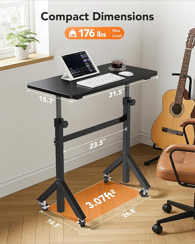 ErGear Small Standing Desk Adjustable Height, 6 Height Settings Up to 46.5″, Walking Pad Desk with Triangular Leg Design, Smooth Mobility with Lockable Wheels, Standing Desk for Walking Pad, Black