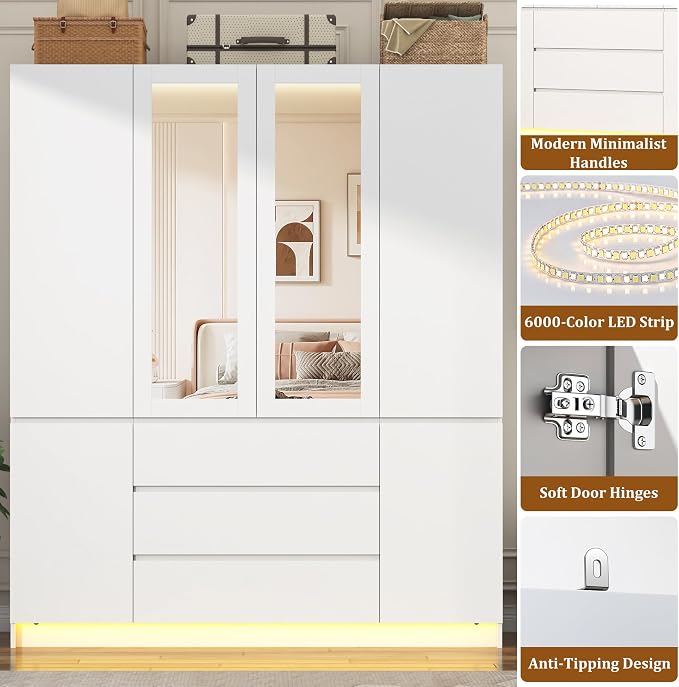 4 Doors Armoire Wooden Wardrobe Closet with 3 Drawers & 2 Mirror, 75"H Clothing Storage Cabinet with Hanging Rod,Modern Bedroom Large Freestanding Armoires with Led Lights for Bedroom, White