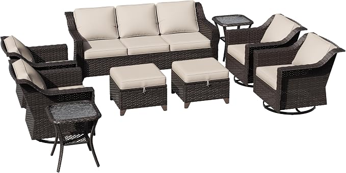 9 Pieces Patio Conversation Furniture Set - 1 Sofa, 2 Ottomans, 4 Swivel Chairs, 2 Side Tables, Outdoor Wicker Furniture with Removable Cushionsfor Porch, Balcony, Sunroom (Beige)