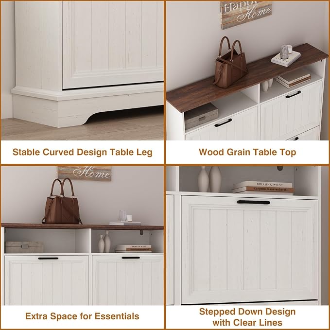 Shoe Storage Cabinet with 4 Flip Drawers, Farmhouse Modern Hidden Shoes Rack Cabinet with Adjustable Shelves & Open Storage, Narrow Slim Shoe Organizer for Front Door Entrance, Entryway, Antique White