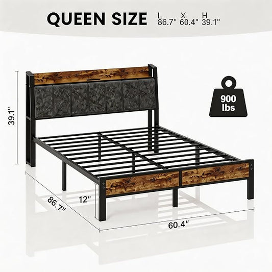 Liians Queen Size Bed Frame with Charging Headboard, Metal Platform Bed with Smart LED Lights, Heavy Duty Metal Slats, No Box Spring Need