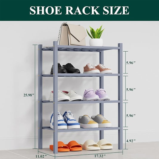 Smiry Small Bamboo Shoe Rack, 4 Tier Free Standing Wooden Shoe Organizer, Stackable Wood Shoe Storage Shelf for Closet, Entryway, 14 Vertical Slats, 2+2 Stack Heavy-Duty Legs, 17.3"x11"x26", Grey