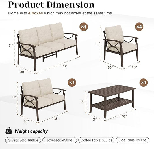 FansaFurn 7-Pieces Outdoor Patio Furniture Set, Outdoor Metal Sectional Furniture with Cushions, Outdoor Conversation Seating Set with Coffee Table for Garden, Balcony, Deck, Backyard, Khaki