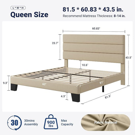 Allewie Queen Size Platform Bed Frame with Fabric Upholstered Headboard and Wooden Slats Support, Fully Upholstered Mattress Foundation/No Box Spring Needed/Easy Assembly, Beige