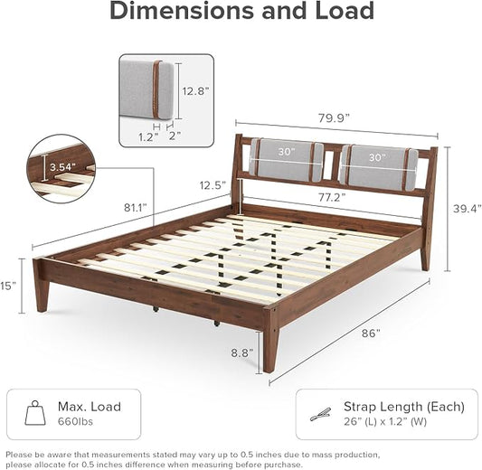 mopio Ted Bed Frame with Headboard, Mid Century Modern Acacia Solid Wood Platform Bed Frame, Wooden Slats, No Box Spring, Double Metal Bar Support (Solid Wood Upholstered, King (U.S. Standard))