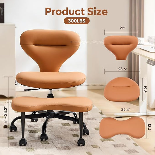 YFO Ergonomic Cross Legged Office Chair and ADHD Meditation Chair with Silent Wheels for Home Office Desk Chair and Yoga, Wider Backrest Support and Storage Pockets Design, PU Leather, Orange