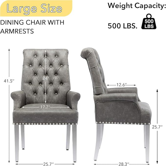 AODCHR Upholstered PU Leather Accent Dining Chair, Elegant Tufted Dining Room Kitchen Room Arm Chair with Stainless Steel Leg, Grey
