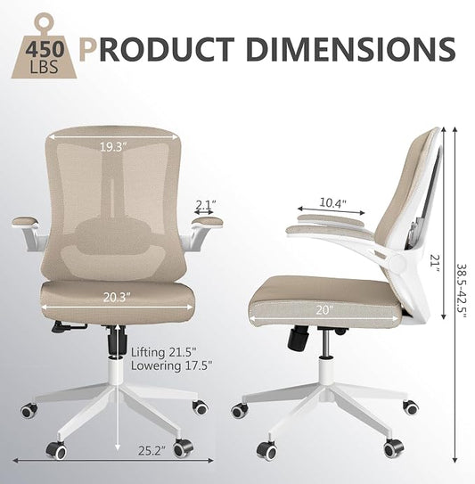 Ergonomic Office Chair with Lumbar Support, High Back Mesh Desk Chair with Flip-Up Arms, Adjustable Computer Task Chair, Khaki
