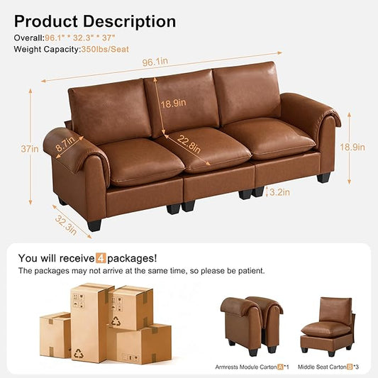 96" Faux Leather Modular Sectional Upholstered Sofa, Oversized 3 Seater Couch with Curved Armrests, Cloud Modern Upholstered Deep Seat Sofa for Living Room, Brown