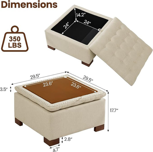 30 Inch Square Storage Ottoman Coffee Table, Modern Tufted Upholstered Ottoman with Flip Tray and Solid Wood Legs, Suitable for Living Rooms, Linen Khaki