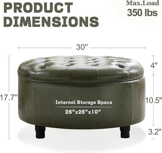 30-Inch Round Storage Ottoman, Button Tufted Ottoman Coffee Table with Removable Top for Living Room, Bedroom, Office (Green)