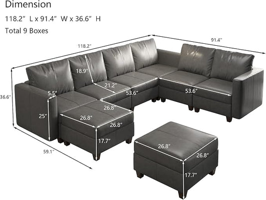 EASE MOOSE Faux Leather Modualr Sectional Couch with Storage,Gray Faux Leather Sectional Sofa Modular Couch,Grey