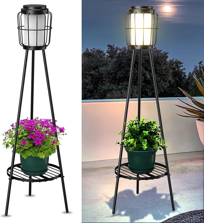 MXwcy 2 Pack Solar Lights Outdoor with Plant Stand, Waterproof Solar Floor Lamp & Tall Metal Planter Holder for Outside, Decorative Tripod Pathway Lantern for Patio, Garden, Porch, Yard Decor