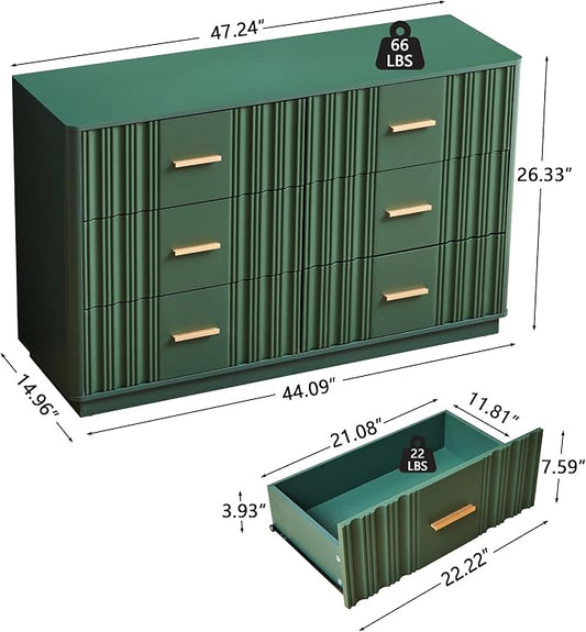 Fluted Double Dresser for Bedroom with 6 Drawers, 47" Wide Modern Chest of Drawers with Curved Profile Design, Wood Closet Clothes Storage Organizer Dresser TV Stand for Living Room, Hallway, Green