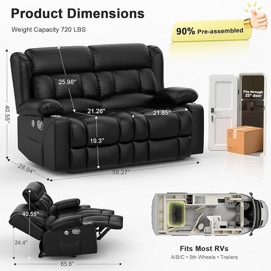 RV Loveseat Recliner Sofa, Reclining Loveseat Wall Hugger Recliners with USB Ports, Cup Holders, Insert Pockets, Home Theater Seating for Movie Room, Recline Movie Seats Gaming Sofa, Black