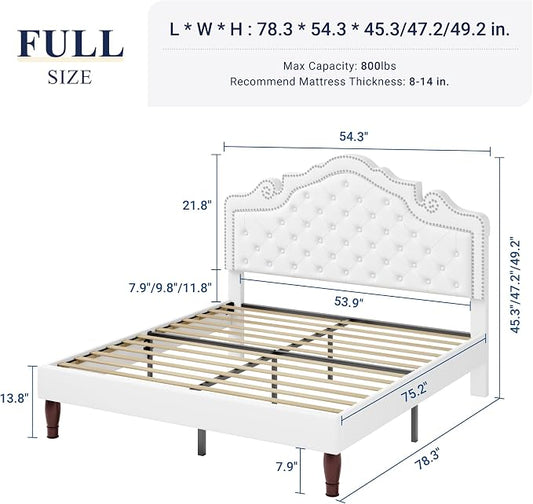 Allewie Full Size Bed Frame with Adjustable Velvet Tiara Headboard, Upholstered Diamond Button Tufted Platform Bed, Wood Slats Support, No Box Spring Needed, White
