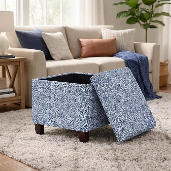 HomePop 18" Classic Square Storage Ottoman - Blue Indigo Print