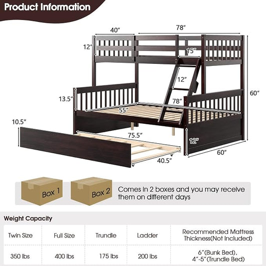 KOMFOTT Wood Twin Over Full Bunk Bed with Trundle, Bed Frame with Solid Pine Wood Frame, Space-Saving Bunk Bed with Ladder & Safety Guardrails, No Box Spring Needed