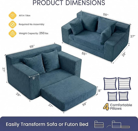 cidludto Convertible Sofa Bed, Boneless Couch 2 in 1 Loveseat Folding Couch Bed Foldable, Chair Bed & Futon Sofa Bed, Small Corduroy Pull Out Sofa with 4 Pillows for Living Room, Blue