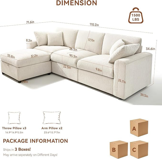 Ihanherry Cloud Sectional Couches for Living Room, 110" Large Modular Sectional Sofa with Wide Deep Seat, L Shaped Couch with Throw Pillow and Storage Ottoman, Beige